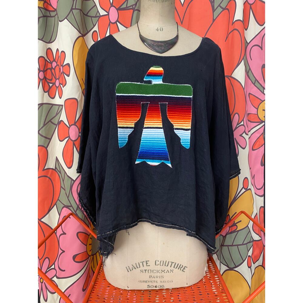 black linen southwestern blouse with serape eagle bell sleeve top raw hem med